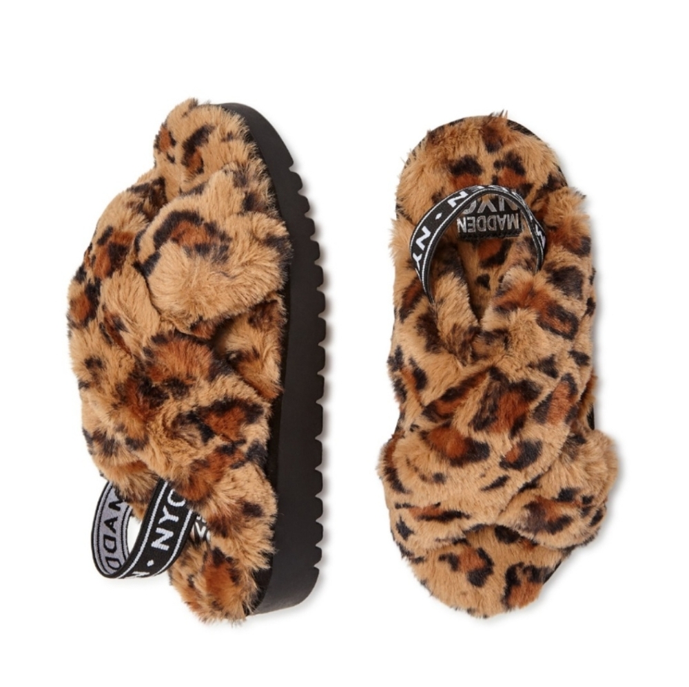NEW Madden NYC Size 9 Animal Print Leopard Faux Fur Crossband Platform Slippers